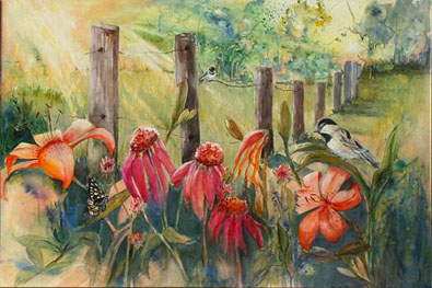 Lilies,coneflowers,chickadee painting